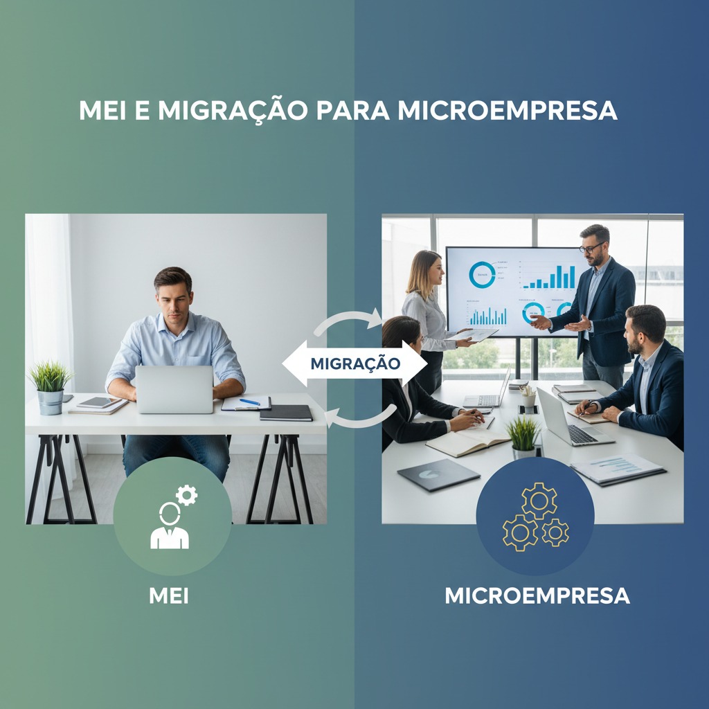 Comparativo visual entre um profissional autônomo trabalhando sozinho e uma equipe em reunião, ilustrando o processo de migração de MEI para microempresa.