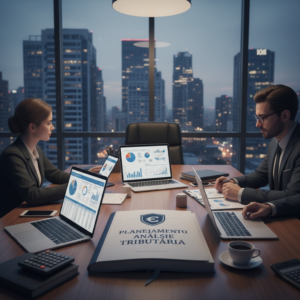Dois profissionais analisam dados financeiros em laptops em uma sala de reunião com vista para a cidade ao entardecer.