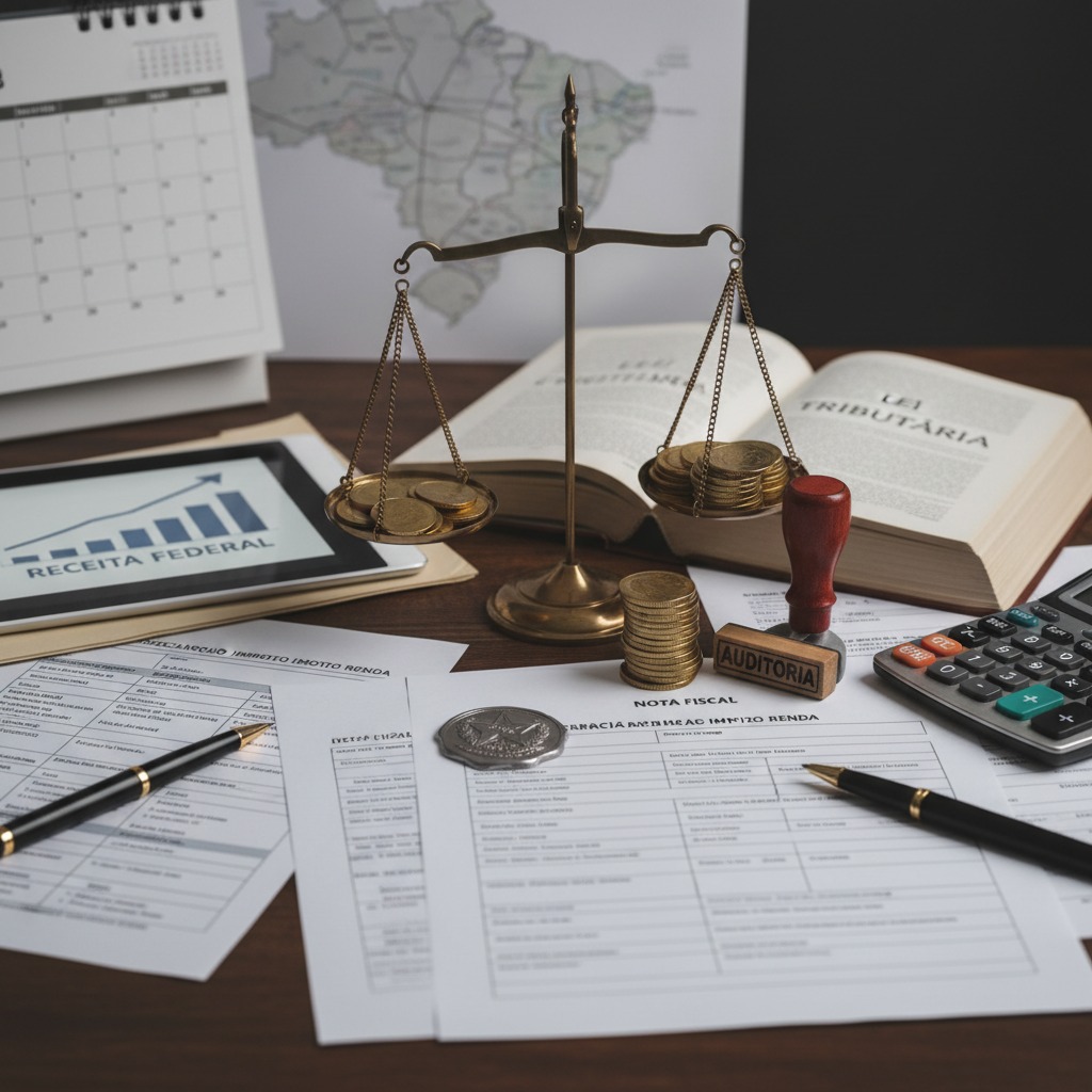 Balança de justiça, livros de leis, documentos fiscais, moedas e calculadora sobre uma mesa de escritório.