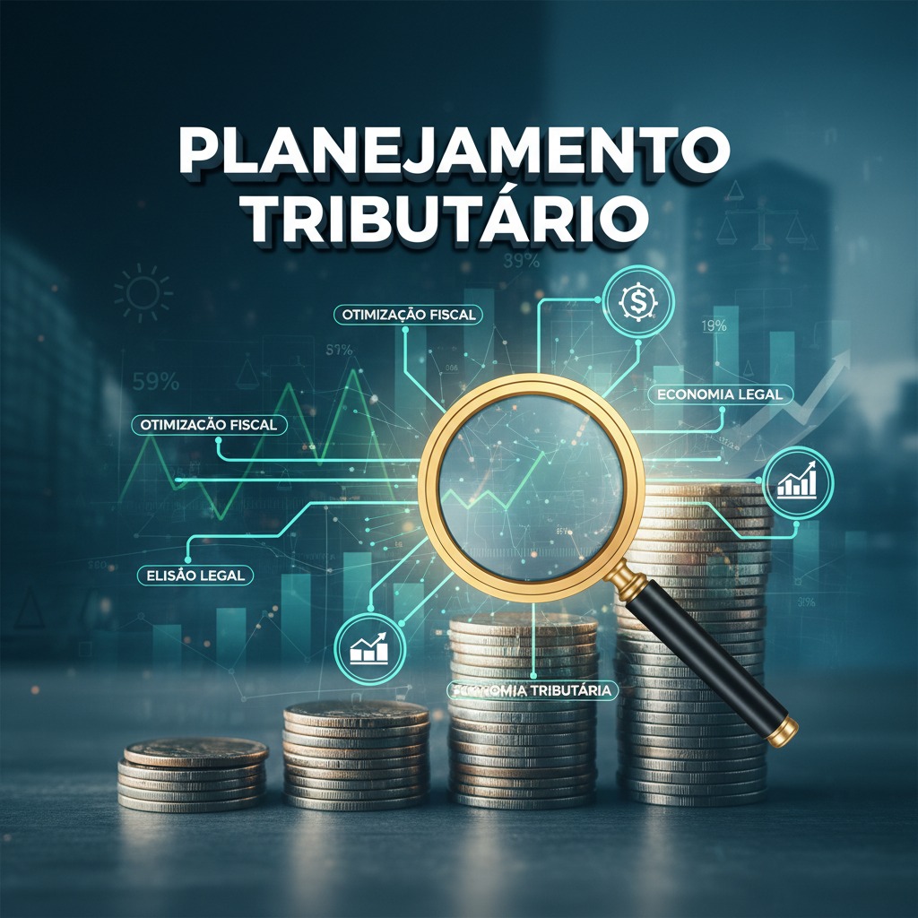 Uma lupa e pilhas de moedas estão sobrepostas a um gráfico financeiro, acompanhadas pelo texto "PLANEJAMENTO TRIBUTÁRIO" e termos em português associados à contabilidade.