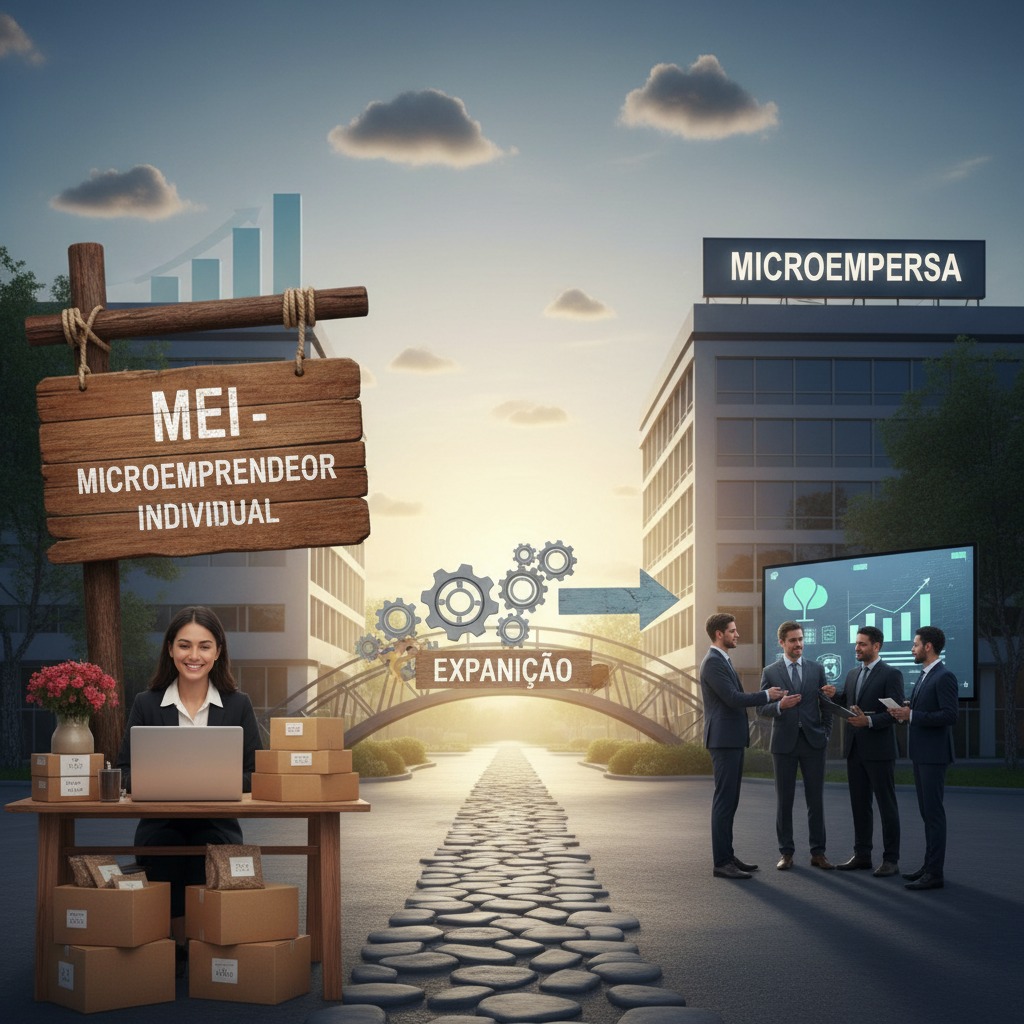 Ilustração conceitual mostrando a transição de MEI para microempresa, com uma mulher trabalhando em uma mesa com caixas à esquerda e quatro homens de terno conversando em frente a um prédio à direita.