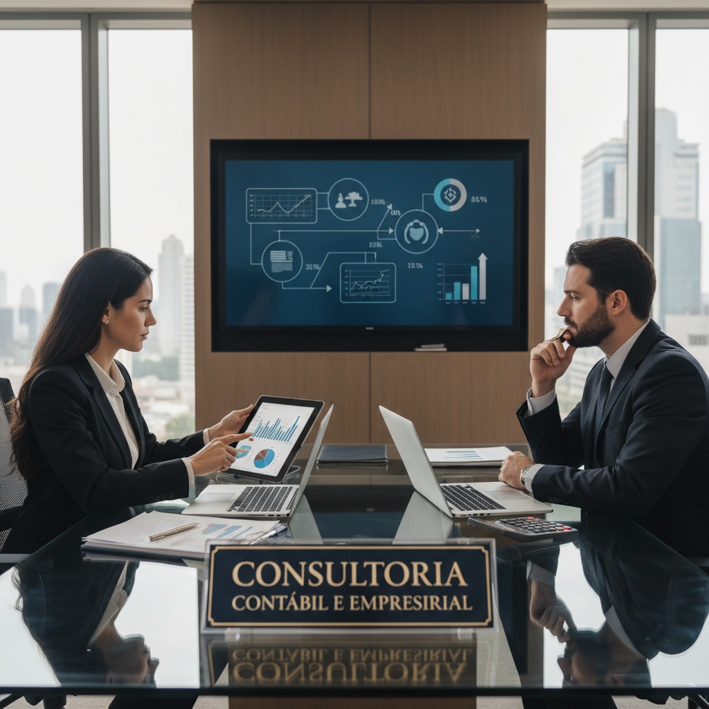 Uma mulher e um homem de terno estão sentados em lados opostos de uma mesa de reunião em um escritório moderno, com uma placa na frente com os dizeres "CONSULTORIA CONTÁBIL E EMPRESARIAL".